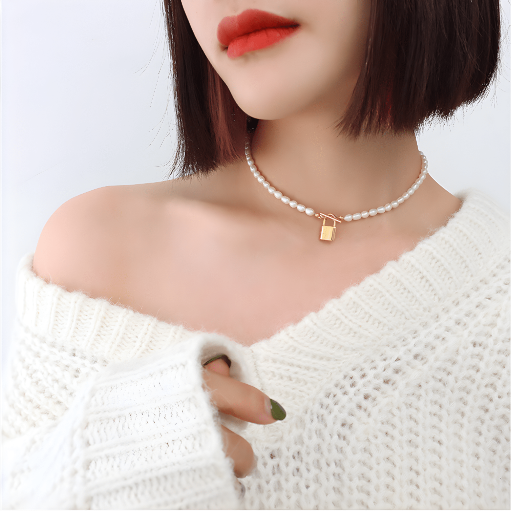 Baroque Pearl Padlock T-Bar Necklace - OUZELJewellery